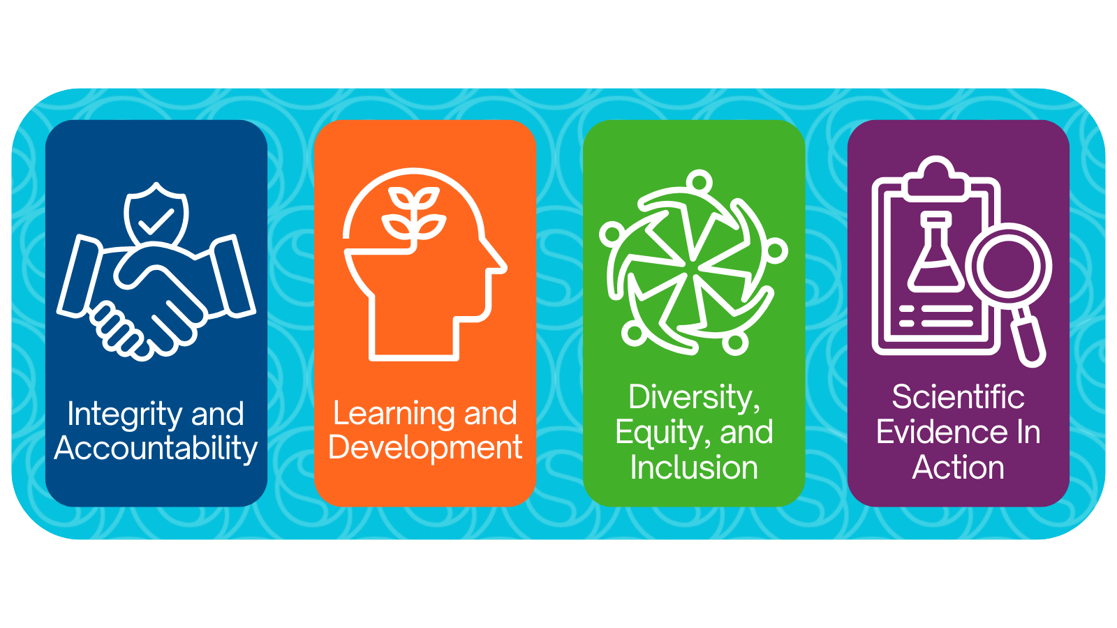 Core Values Logo: (Blue, Icon of Hand Shake) Integrity & Accountability, (Orange, Icon of head)Learning & Development, (Green, Icon of a circle of people)Diversity, Equity & Inclusion, and (Purple, Icon of clipboard and magnifying glass)Scientific Evidence in Action